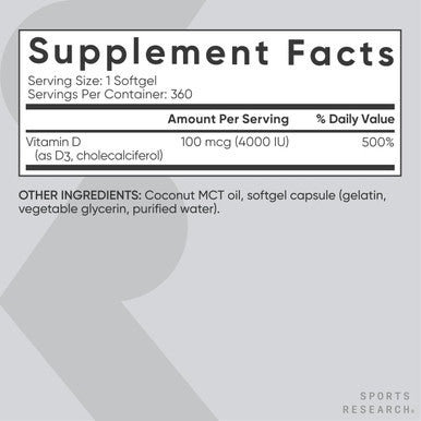 Sports Research Vitamin D3 4000 Iu With Coconut Mct Oil - Double Strength Vitamin D Supplement - Non-Gmo Verified, Gluten & Soy ÃƒÂ¢Ã¢â€šÂ¬Ã¢â‚¬Å“ 100Mcg, 360 Liquid Softgels