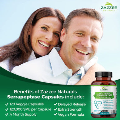 Zazzee Extra Strength Serrapeptase, 120,000 Spu Per Capsule, 120 Vegan Capsules, 4 Month Supply, Delayed Release, Potent