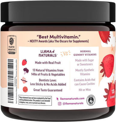 Llama Naturals Multivitamin for Women Vegan Organic Gummies with Vitamin D C and K Women's Real Fruit Gummy Vitamins Chewable Multivitamin Supplement No Added Sugar Cane Cherry 120 Ct