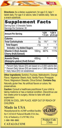 CATALO Childrens Vitamin C Formula Immunity Support with 100mg Vitamin C from Acerola Cherry Extract 60 Chewable Orange and Pineapple Flavor Tablets
