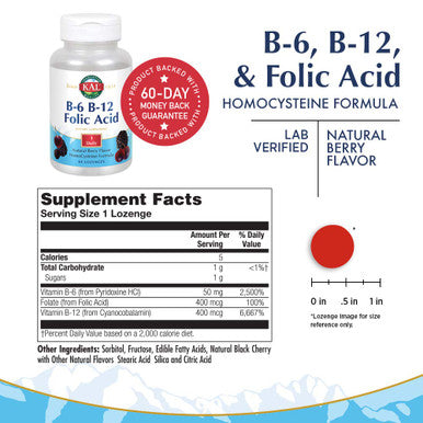 KAL B-6, B-12 Folic Acid Lozenge, 50 mg/400 mcg/400 mcg, 60 Count