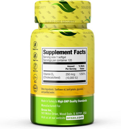 Orzax Vitamin D3 10000 Iu (250 Mcg) - 1 Year Supply For Strong Muscle Function & Immune Support - Mood Supplement For Wellness (120 Softgel)