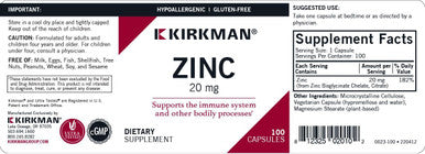 Kirkman - Zinc 20Mg - 100 Capsules - Immune Support - High Absorption - Hypoallergenic