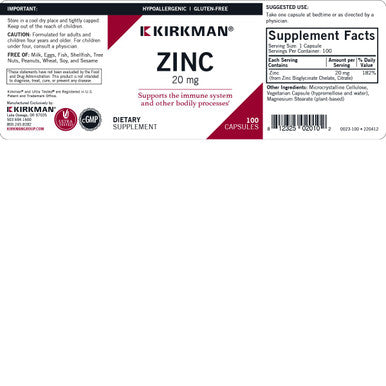 Kirkman Zinc 20 mg 250 Capsules