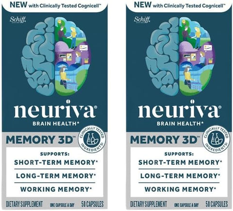 NEURIVA Memory 3D Brain Supplement Decaffeinated Nootropic Capsules for Memory Focus and Cognitive Function Short Term Long Term and Working Memory Support 50ct