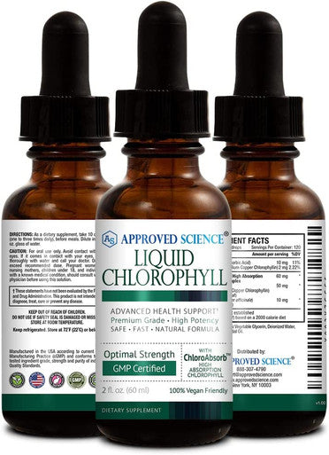Approved Science Liquid Chlorophyll 6 fl. Oz. 60 mg ChloroAbsor Mulberry Leaf Extract Energize The Body Digestive and Immune Support Natural Deodorant and Detox Vegan Made in The USA
