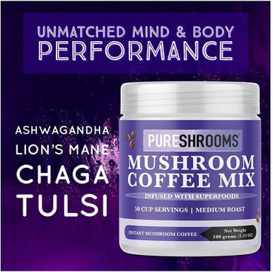 PureShrooms Mushroom Coffee Mix Superfood: Organic Ashwagandha, Tulsi (Holly Basil), Lion's Mane, Chaga