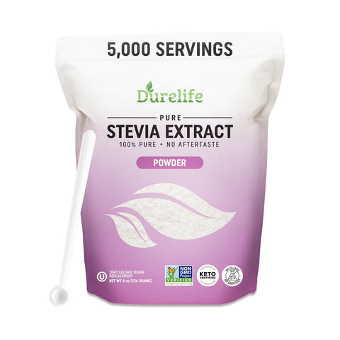 Durelife 100% Pure stevia extract sweetener 8 oz No Erythritol NONGMO Project Verified No Fillers Zero Calorie Sugar Substitute No Aftertaste MicroSpoon Included 8 oz