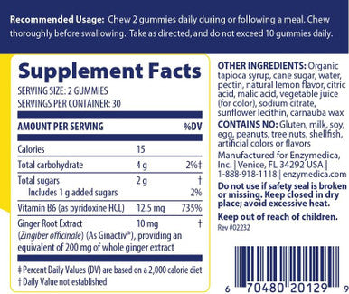Enzymedica Ginger & Vitamin B6 Gummies Support For Occasional Nausea & Indigestion High Potency Equivalent To 200 Mg Ginger Extract 60 Count