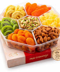 NUT CRAVINGS - Purim Mishloach Manot Dried Fruit & Mixed Nuts Gift Basket in Reusable Wooden Tray + Ribbon (12 Assortments) Ramadan Gifts Food Arrangement, Healthy Snack Care Package, Kosher