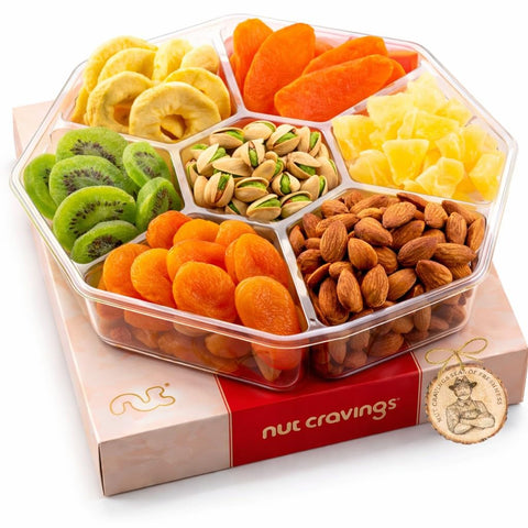 NUT CRAVINGS - Purim Mishloach Manot Dried Fruit & Mixed Nuts Gift Basket in Reusable Wooden Tray + Ribbon (12 Assortments) Ramadan Gifts Food Arrangement, Healthy Snack Care Package, Kosher