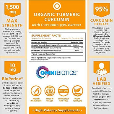 Organic Turmeric Curcumin Supplement 1500mg with BioPerine | 95% Standardized Curcuminoid Extract & Organic Root Powder with Piperine Black Pepper Fruit (10mg), 120 Vegetarian Capsules