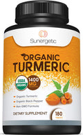 Sunergetic USDA Certified Organic Turmeric Supplement Includes Organic Turmeric & Organic Black Pepper 1,400mg of Turmeric per Serving - 180 Count