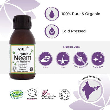 Ayumi Organic Neem Oil, Herbal Remedy For Skin & Hair, High in Vitamin E to Soothe Dry & Damaged Skin, Restores the Skin's Natural Elasticity - 2 x 100ml