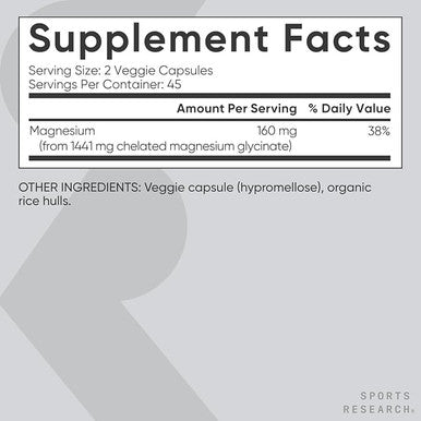 Sports Research Magnesium Glycinate - Supports Restful Sleep & Enzymatic Processes - 160 mg Chelated Magnesium - Vegan Capsule - 90 Count