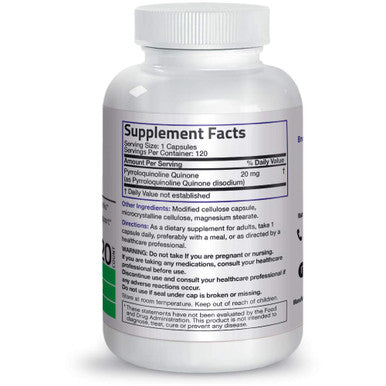 Bronson Pqq Vitality 20Mg Pyroloquinoline Quinone Supplement Promotes Mitochondrial Biogenesis Non-Gmo, 120 Vegetarian Capsules