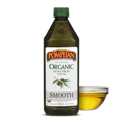 Pompeian Smooth Organic Extra Virgin Olive Oil - 16 fl oz | First Cold Pressed Olive Oil for Cooking - Smooth Taste for Sauteing, Stir-Frying, and Baking