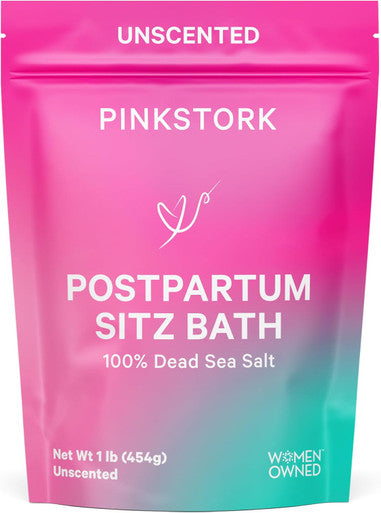 Pink Stork Postpartum Sitz Bath Soak: Dead Sea Salt for Perineal Care & Cleansing Postpartum Recovery Labor and Delivery Essentials Women-Owned Unscented 16 oz