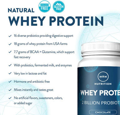 MRM Nutrition Whey Protein | Chocolate Flavored |18g Protein | with 2 Billion probiotics + Digestive enzymes + BCAAs | High Absorption + Digestion | Hormone + antibiotic | 17 Servings