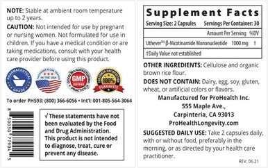 ProHealth Longevity NMN Pro 1000 Enhanced Absorption Featuring Uthever Brand NMN 1000 mg per Serving 60 Capsules TransResveratrol 1000 mg per Serving 60 Capsules Bundle