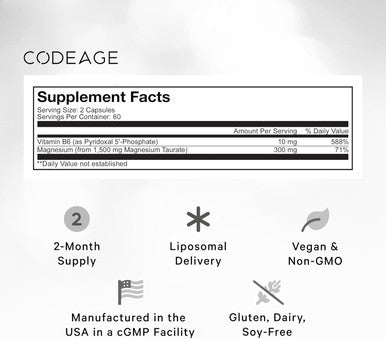 Codeage Liposomal Magnesium Taurate+ Supplement - Magnesium from Magnesium Taurate Vitamin B6 as Pyridoxal 5-Phosphate 2-Month Supply - Liposomal Delivery Vegan Non-GMO Gluten- 120 Capsules