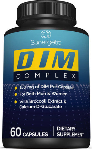 Sunergetic Premium DIM Supplement - 150mg diindolylmethane Broccoli Calcium D-Glucarate & Bioperine for Men & Women - DIM Complex for Menopause Support & Balance - 60 Capsules
