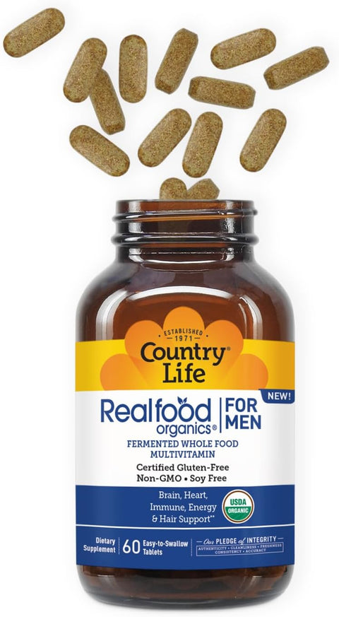 Country Life Realfood Organics for Men Multivitamin 60 Tablets 30 servings with 1300mg organic food blend 7mushroom superfood and innerfillet aloe for brain heart and energy support