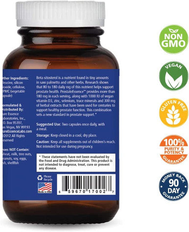 Pure Essence Labs Prostate Essence w/ Vitamin D3, Selenium, Zinc Supplements and More - Mens Vitamins and Herbal Supplement for Prostate Health w/ Beta Sitosterol - 60 Caps for Men