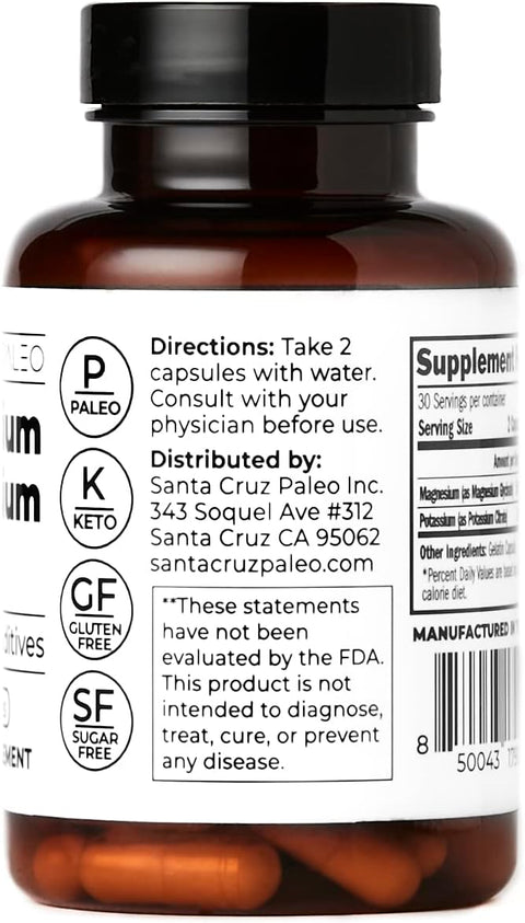Santa Cruz Paleo Magnesium + Potassium Caps Supplement For Men And Women Paleo Keto Sugar and Gluten Magnesium Glycinate 166Mg And Potassium Citrate 38Mg Per Serving American Made 60 Caps