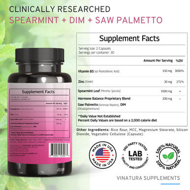 Vinatura Spearmint Leaf Capsules Supplement - 1380Mg/Serving, Enhanced With Dim & Saw Palmetto, For Unwanted Hair, Women' Health