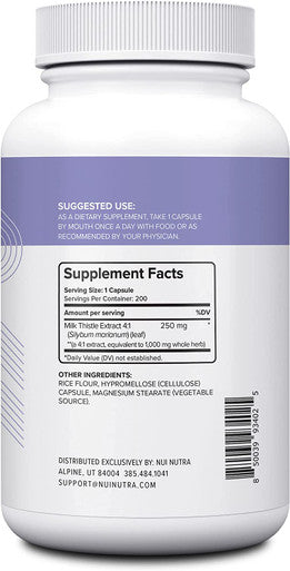 Nui Nutra Milk Thistle 1000mg (Sylibum Marianum) Supplement Silymarin | 200 Capsules | Gluten-Free 4:1 Seed Extract - Liver Support | Powerful Antioxidants
