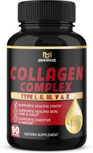 Collagen Capsules Type I II III V X 90 Collagen Pills Manufactured in USA Supports Healthy Joints Skin Care Hair Growth Nails Collagen Supplements for Women Men