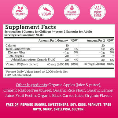 Llama Naturals Vitamin D3 Vegan Organic Immune Support Supplement Vitamin D Gummies for Adults and Kids Real Fruit Gummy Vitamins Promotes Bone Health No Added Sugar Cane Raspberry 60 Ct