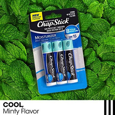 Chapstick Moisturizer 2-In-1 Lipcare Spf 15 Cool Mint 3-Pack ÃƒÂ¢Ã¢â€šÂ¬Ã¢â‚¬Å“ÃƒÂ¢Ã¢â€šÂ¬Ã‚Â¯Sunscreen Lip Balm With Aloe Vera And Vitamin E 0.15 Ea