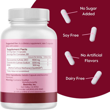 Bestvite Glucosamine Chondroitin MSM 500/400/100 per Capsule (240 Capsules) with Patented OptiMSM - Maximum Strength Formula for Joint Support - No Stearates - Gluten - Non GMO