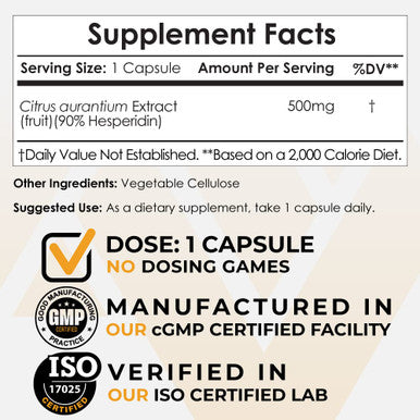 Hesperidin Capsules | 500mg | 60 Count | 90% Extract | Citrus aurantium | Supports Metabolic Function + Cardiovascular Health