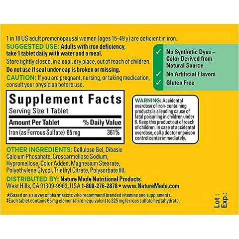 Nature Made Iron 65 Mg (325 Mg Ferrous Sulfate) Tablets Dietary Supplement For Red Blood Cell Support 180 Tablets