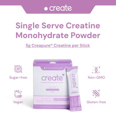 Create Single Serve Creatine Monohydrate Powder 5g Creapure Creatine | Redefining Strength Energy & Recovery | Sugar-Free Vegan Non-GMO | Mixed Berry | 30 Portable Packets
