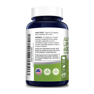 Alpha Lipoic 600 mg 180 Veggie Capsules (Vegetarian, Non-GMO & Gluten-Free) - 300 mg per Capsule