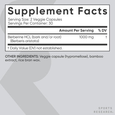 Sports Research Berberine - Herbal Ayurvedic Metabolic Health Support - 1000 Mg - 60 Capsules - Vegan Certified, Gluten-Free, Non-Gmo