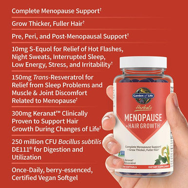 Garden of Life Herbals Menopause Supplement With S-Equol & Trans-Resveratrol For Multi-Symptom Relief Keranat For Thicker Fuller Hair Growth Non-Gmo Gluten-Free Vegan Berry Flavor 30 Servings
