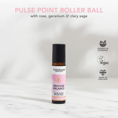 Tisserand Aromatherapy - Restore Balance Pulse Point Roller Ball - Menopause And Menstruation Support - Rose, Clary Sage And Geranium - 10Ml