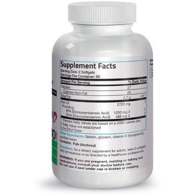 Bronson Omega 3 Fish Oil Triple Strength 2720 mg, High EPA 1250 mg 488 mg, Non-GMO Heavy Metal Tested, 180 Softgels