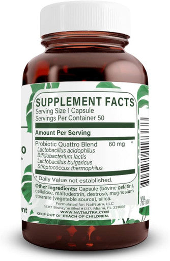 Natural Nutra Probiotic Quattro Supplement For Men & Women, Enhance Your Digestive Function, Improve Your Health, 50 Capsules