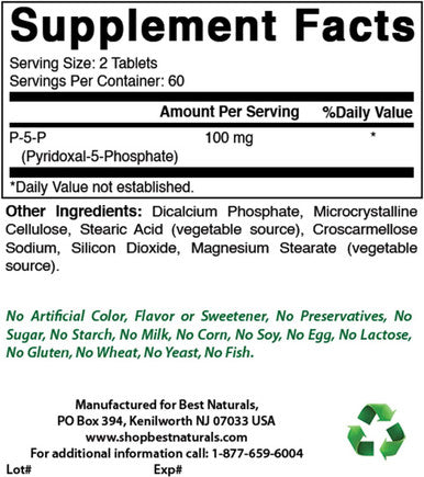 Best Naturals P5P Vitamin B6 (Pyridoxal 5 Phosphate) 100 mg/Serving - 120 Tablets - an Active Form of Vitamin B6.