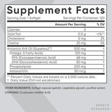 Sports Research Krill Oil Supplement with EPA DHA Omega 3 Phospholipids Astaxanthin from Antarctic Krill Highest Concentration of Krill Oil for Men Women 1000mg 120 Softgel Capsules