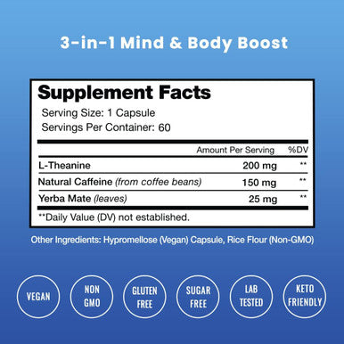 Caffeine Pills With L-Theanine For Focused Energy Smooth & Clean Energy Supplement For Focus & Performance No Crash No Jitters Nootropic Brain Booster With Yerba Mate 60 Vegan Energy Pills