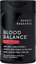 Sports Researcha' Blood Balance Iron Supplement 36 Mg Iron + Folate and Vitamin C For Absorption Red Blood Cell Support For Women and Men Vegan NonGmo GlutenFree 90 Capsules
