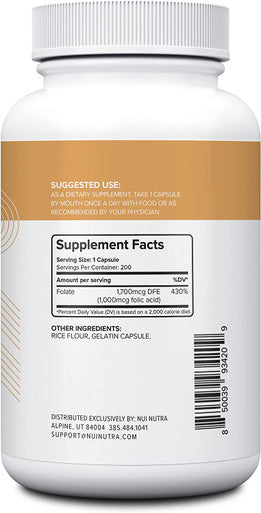 Nui Nutra Folic Acid Supplement | 1000mcg | 1mg | 200 Capsules | Nervous & Cardiovascular System Support | Essential Vitamin for Women | Development and Brain Support | Vitamin B9 | Acido Folico