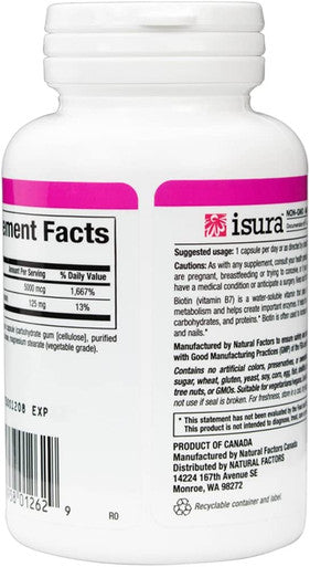 Natural Factors Biotin 5000mcg Promotes Healthy Hair Nails 60 Vegetarian Capsules